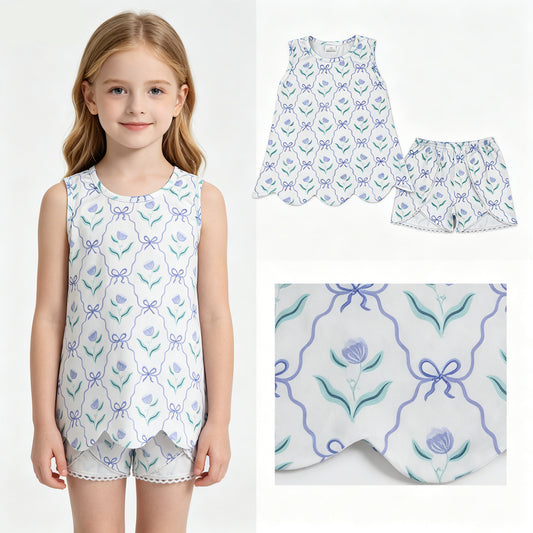 GSSO3426 Flowers Bows Scallop Sleeveless Top Shorts Girls Summer Clothes Set