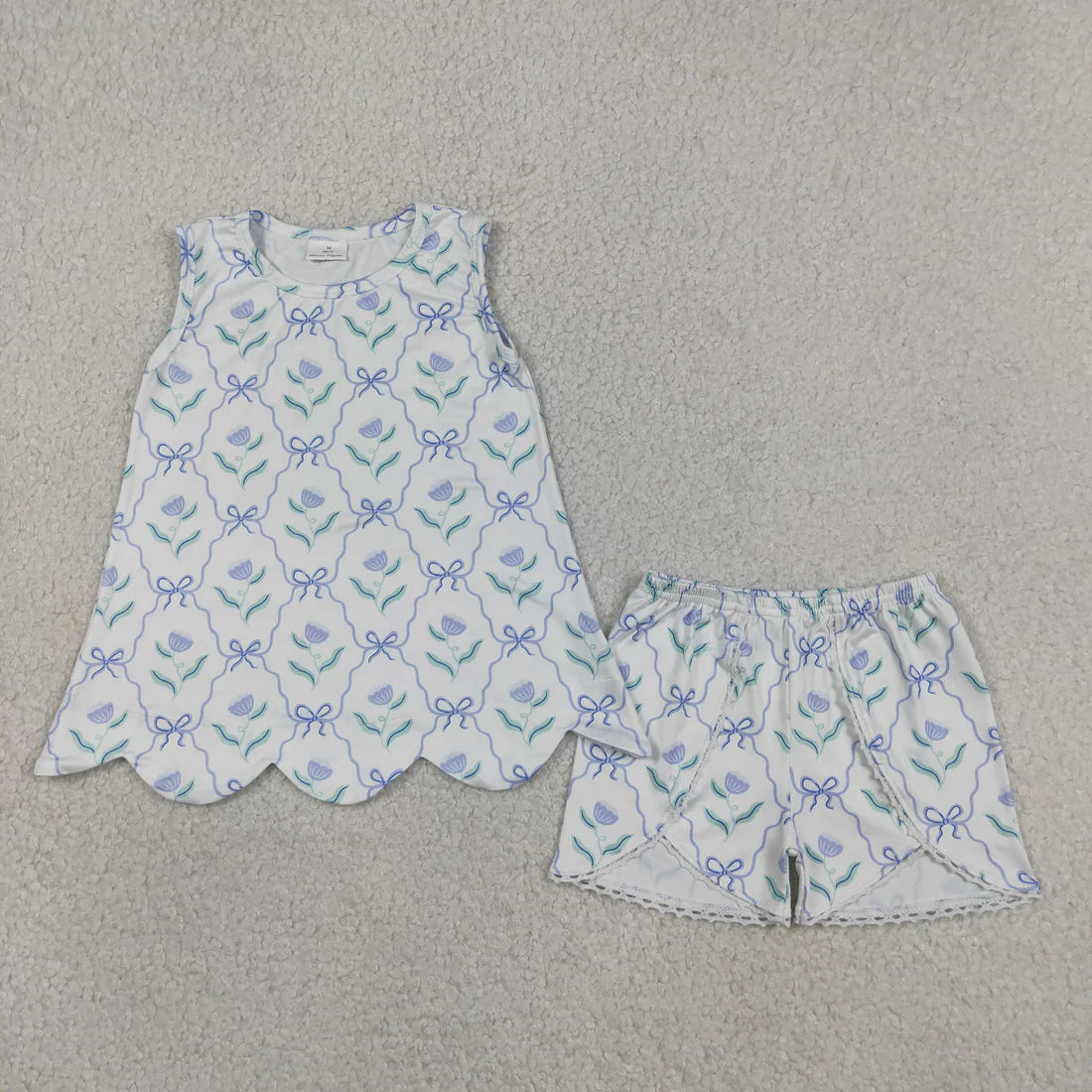 Sibling Baby Girls Colorful Flowers Scallop Tunic Ruffle Short Clothes Sets