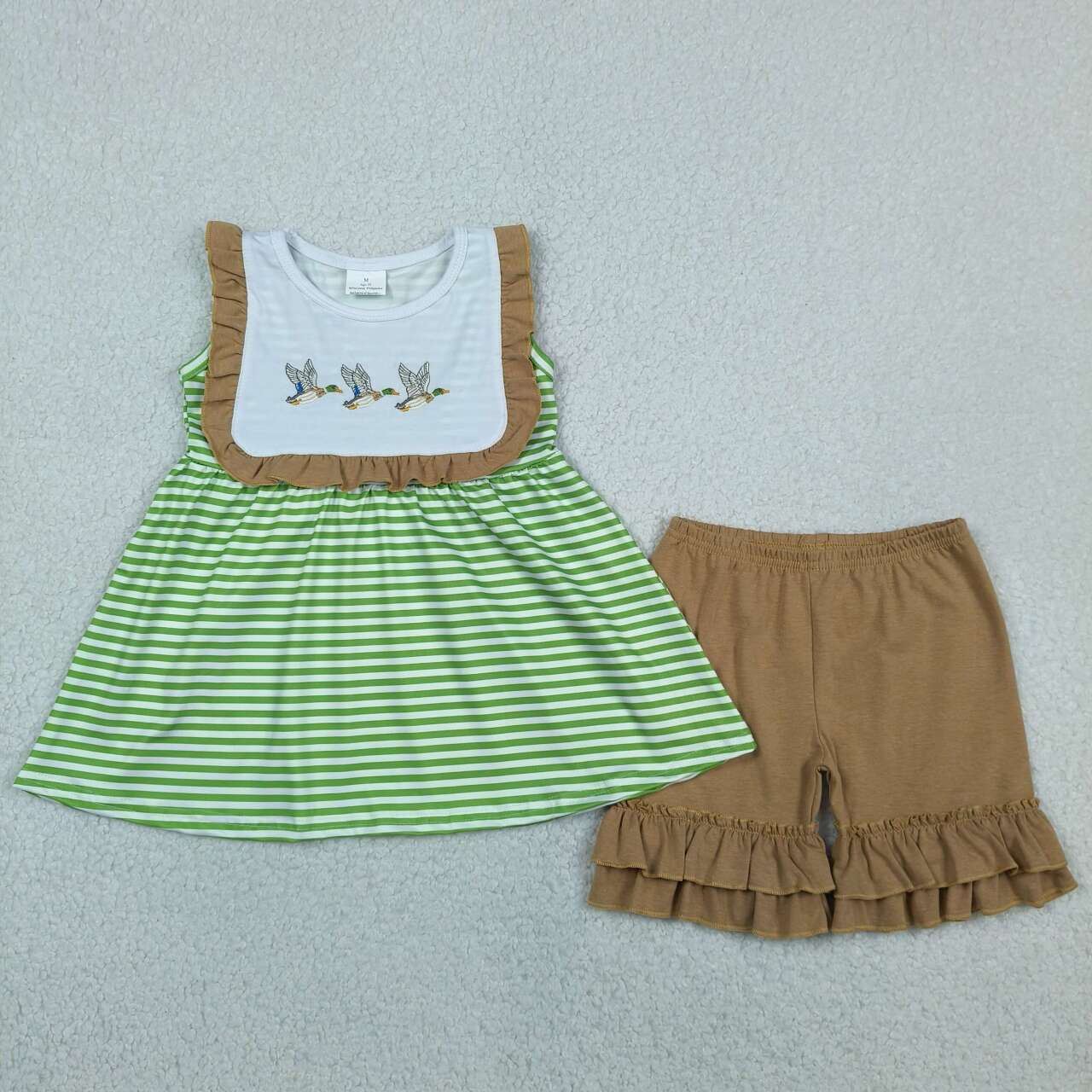 Matching Sister Duck Outfits - Green Stripe Mallard Embroidery Sibling Set