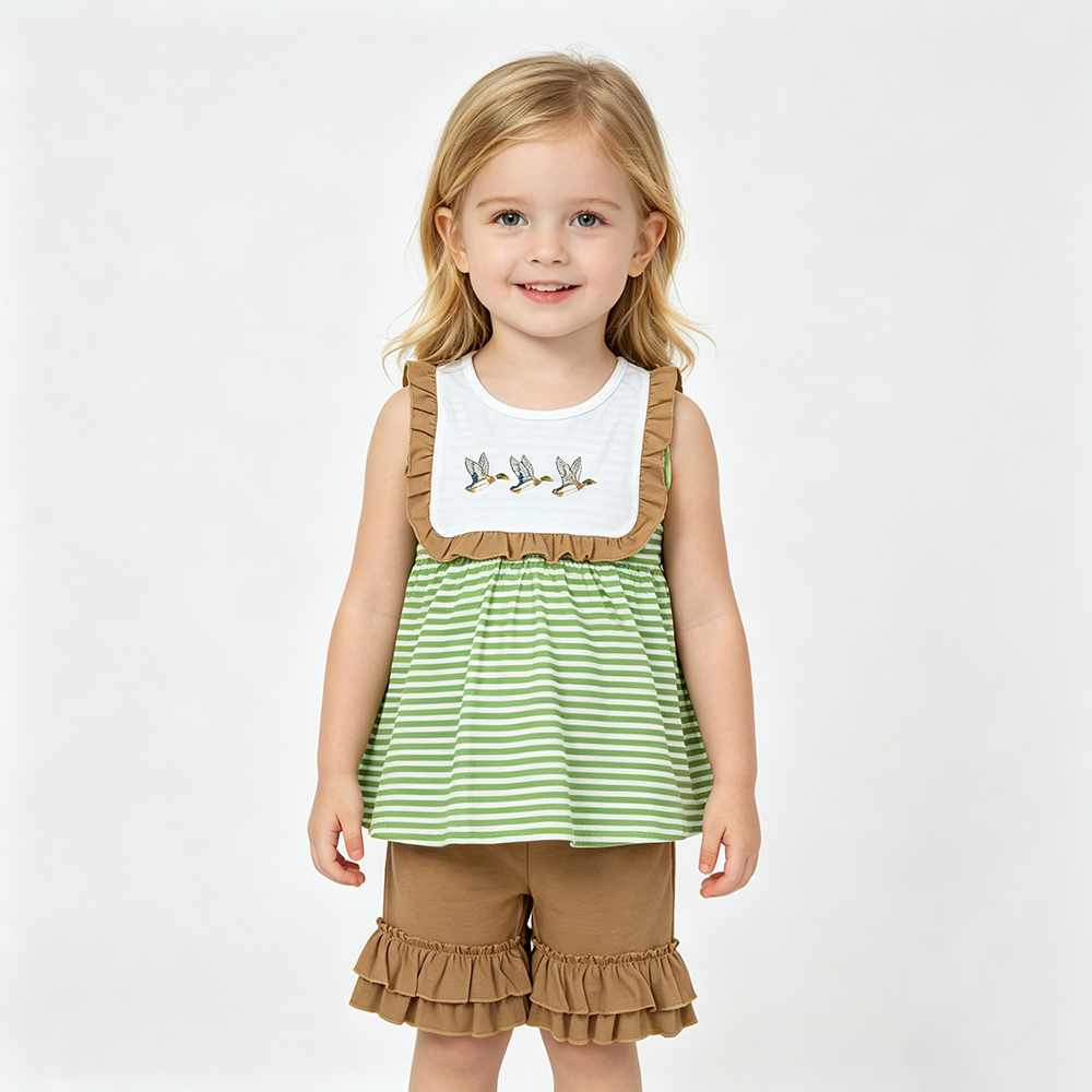 Mallard Embroidery Green Stripe Sibling Duck Matching Outfits