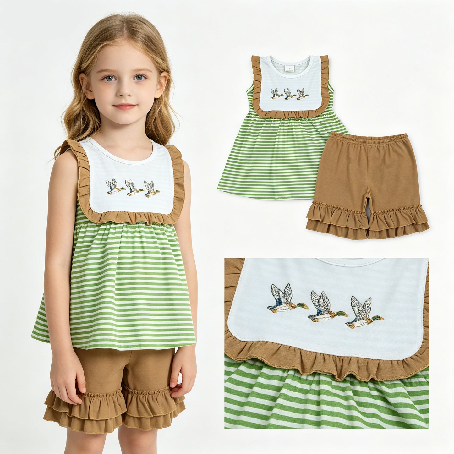 Duck Embroidery Stripes Tunic Top Brown Shorts Girls Summer Clothes Set