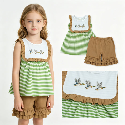 Duck Embroidery Stripes Tunic Top Brown Shorts Girls Summer Clothes Set