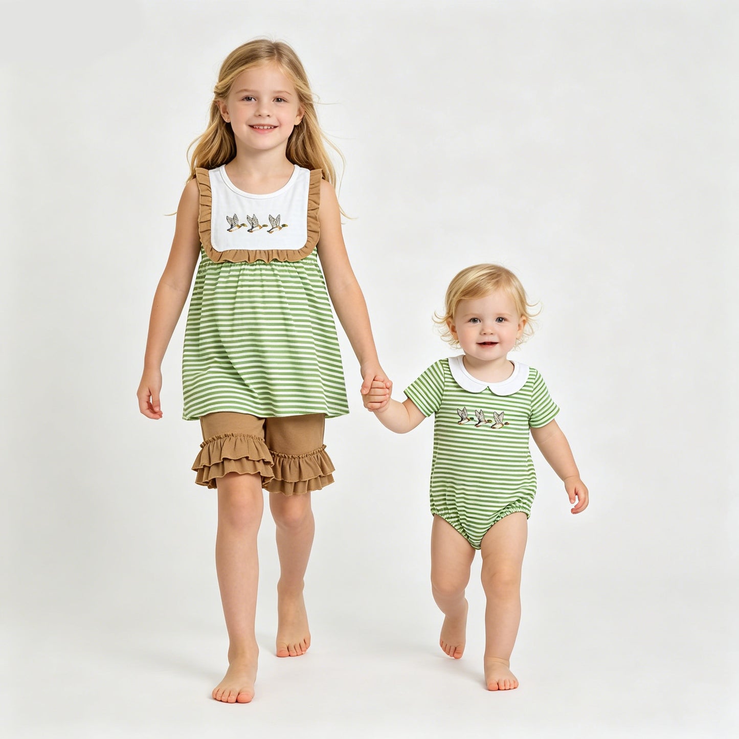Matching Sister Duck Outfits - Green Stripe Mallard Embroidery Sibling Set