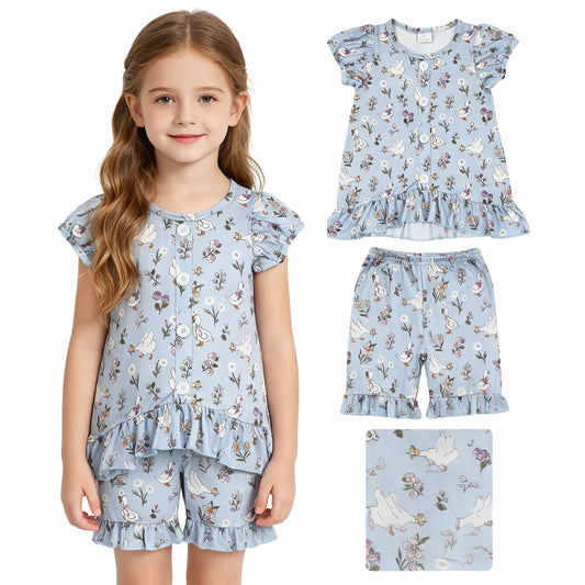 GSSO3433 Floral Goose Top Ruffle Shorts Girls Summer Clothes Set