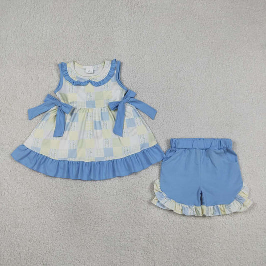 GSSO3439 Floral Plaid Sleeveless Doll Collar Tunic Top Blue Shorts Girls Summer Clothes Set