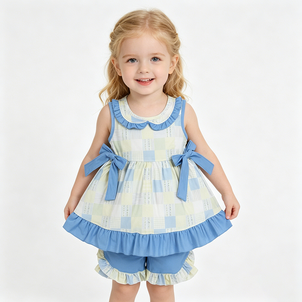 GSSO3439 Floral Plaid Sleeveless Doll Collar Tunic Top Blue Shorts Girls Summer Clothes Set