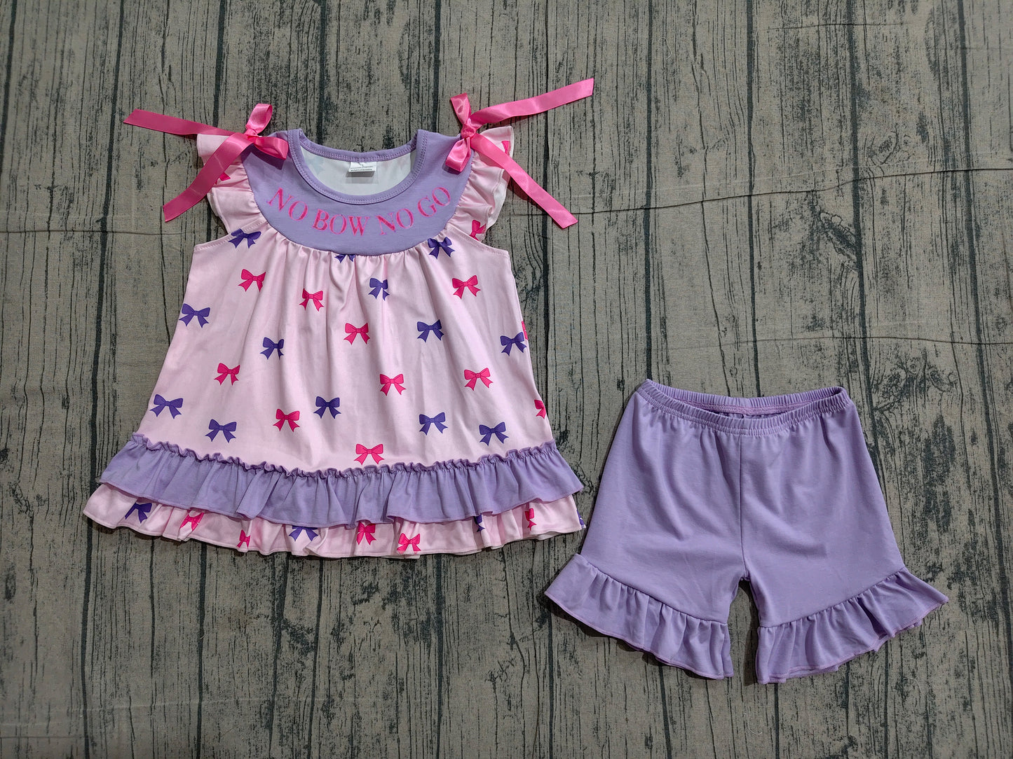 GSSO3460  NO BOW NO GO Embroidery Bows Ruffle Top Purple Shorts Girls Summer Clothes Set