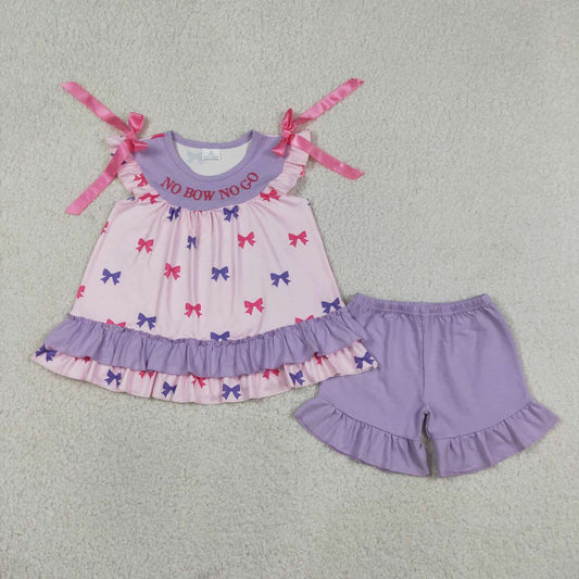 GSSO3460  NO BOW NO GO Embroidery Bows Ruffle Top Purple Shorts Girls Summer Clothes Set