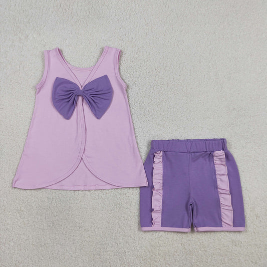 GSSO3461  Cartoon Princess Purple Cotton Bow Backless Sleeveless Top & Ruffled Shorts Set for Girls