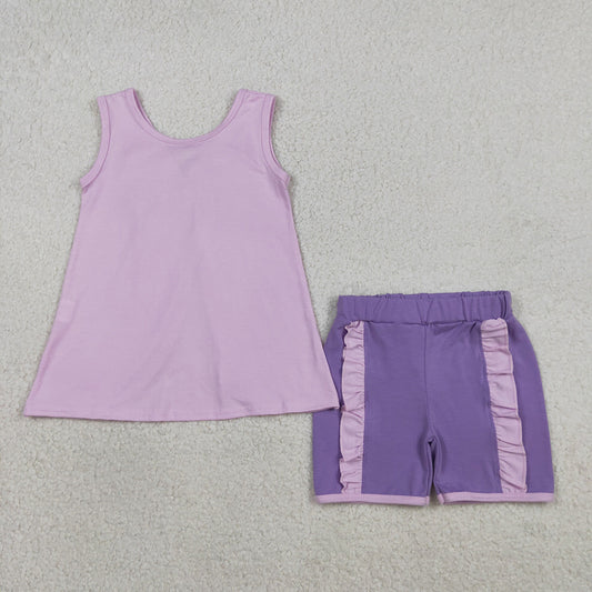 GSSO3461  Cartoon Princess Purple Cotton Bow Backless Sleeveless Top & Ruffled Shorts Set for Girls
