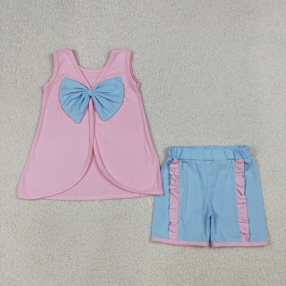 Cartoon Princess Cotton Bow Backless Sleeveless Top & Ruffled Shorts Girls Outfits Sisters Wear