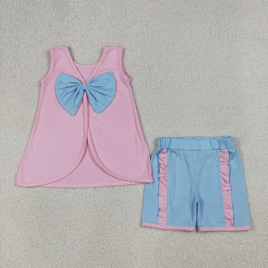 GSSO3462 Cartoon Princess Pink Cotton Bow Backless Sleeveless Top & Ruffled Shorts Set for Girls