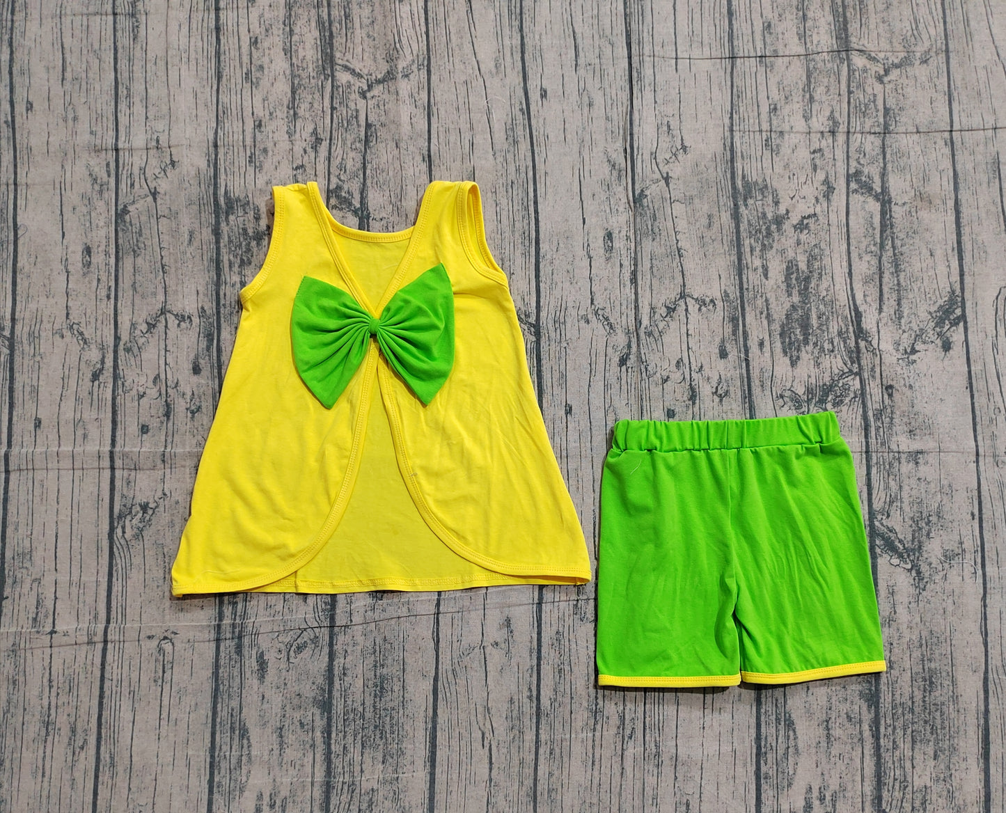 Preorder GSSO3464  Cartoon Princess Yellow Backless Top Green Ruffle Shorts Girls Summer Cotton Clothes Set