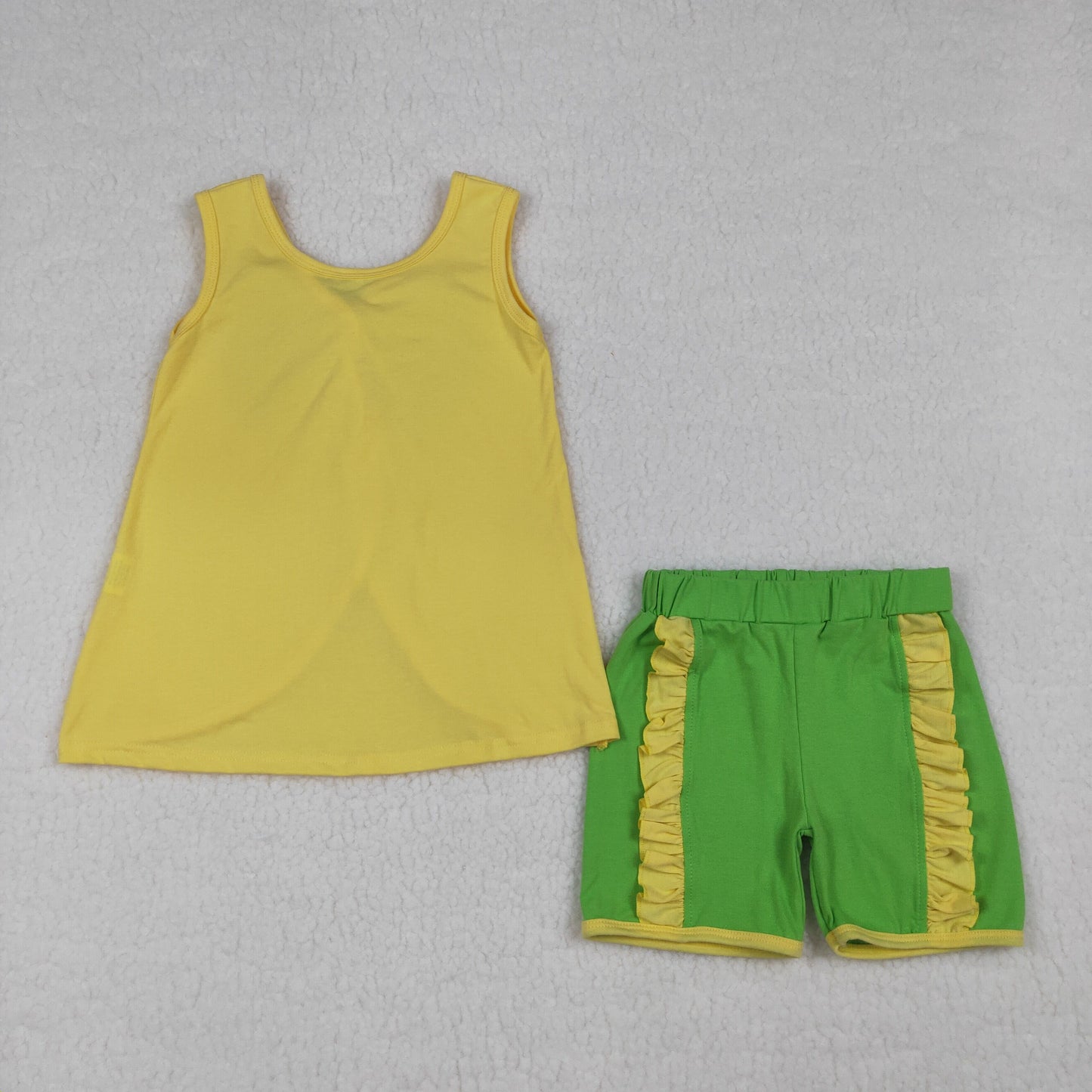Toddler Girls Yellow Green Bow Back Tank Top Ruffle Shorts Set, Summer Sleeveless Outfit for Little Girls