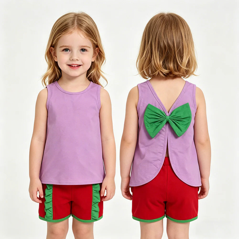 Cartoon Princess Cotton Bow Backless Sleeveless Top & Ruffled Shorts Girls Outfits Sisters Wear