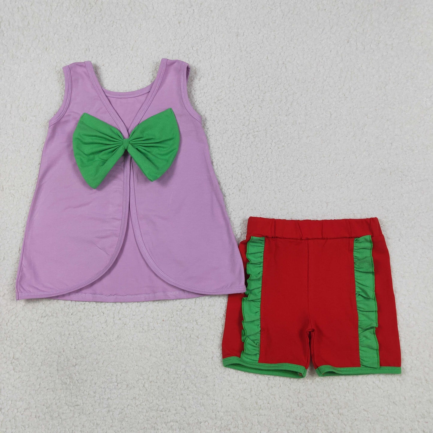 GSSO3465  Cartoon Princess Purple Backless Top Red Ruffle Shorts Girls Summer Cotton Clothes Set