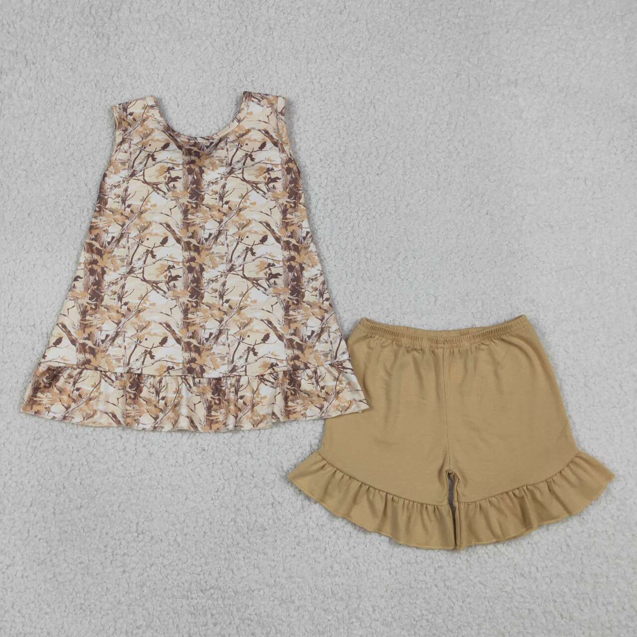 GSSO3467  Brown Branch Backless Bow Top Ruffle Shorts Girls Summer Clothes Set