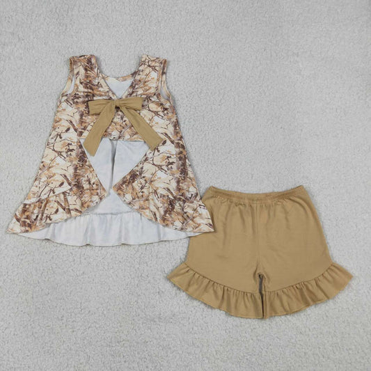 GSSO3467  Brown Branch Backless Bow Top Ruffle Shorts Girls Summer Clothes Set