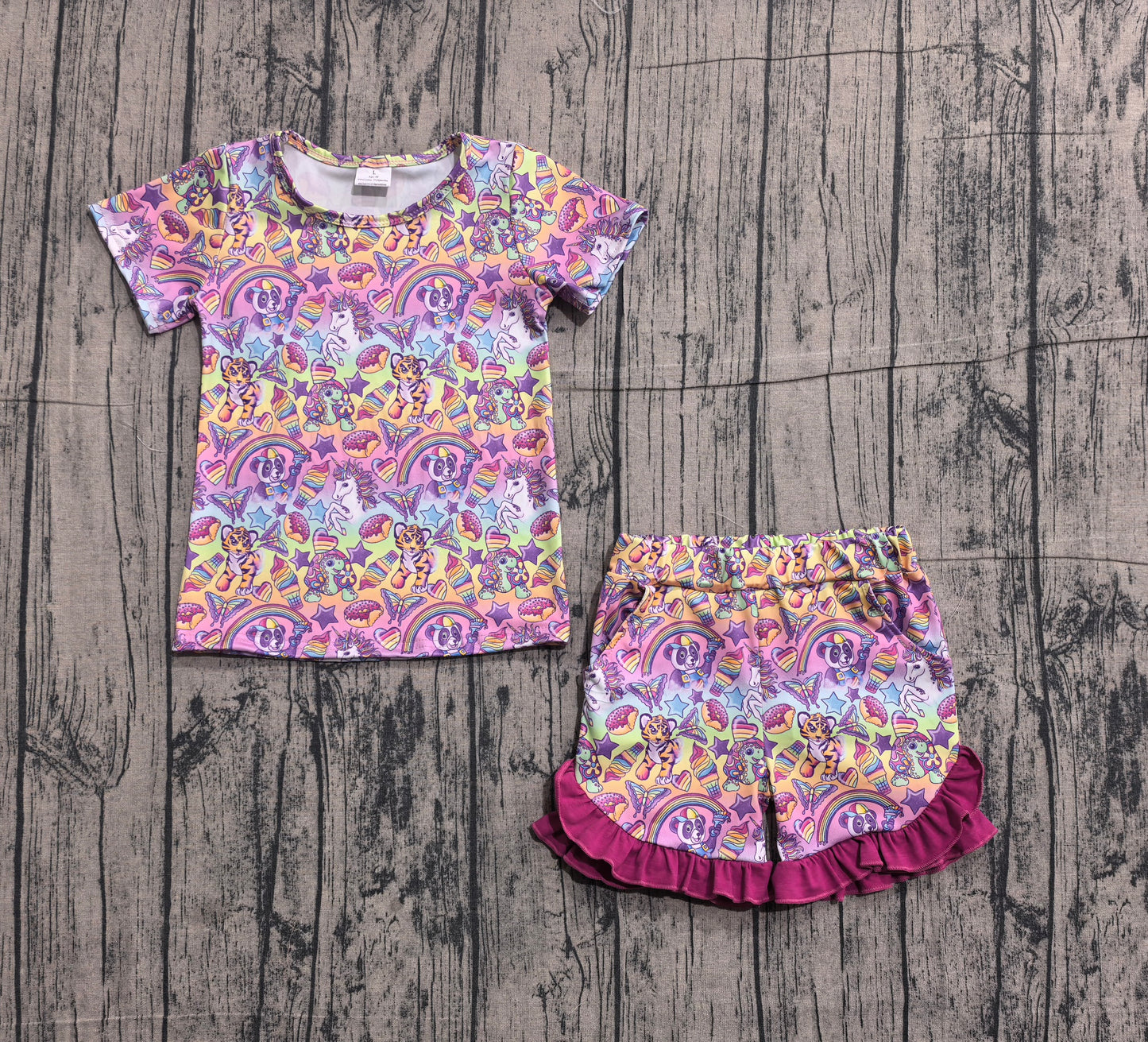 GSSO3472 Cartoon Animals Rainbow Lis* Top Pockets Shorts Girls Summer Clothes Set