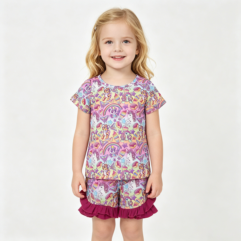 GSSO3472 Cartoon Animals Rainbow Lis* Top Pockets Shorts Girls Summer Clothes Set