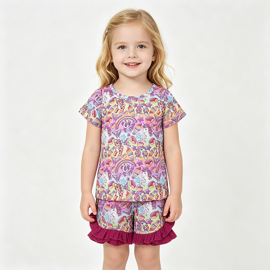 GSSO3472 Cartoon Animals Rainbow Lis* Top Pockets Shorts Girls Summer Clothes Set