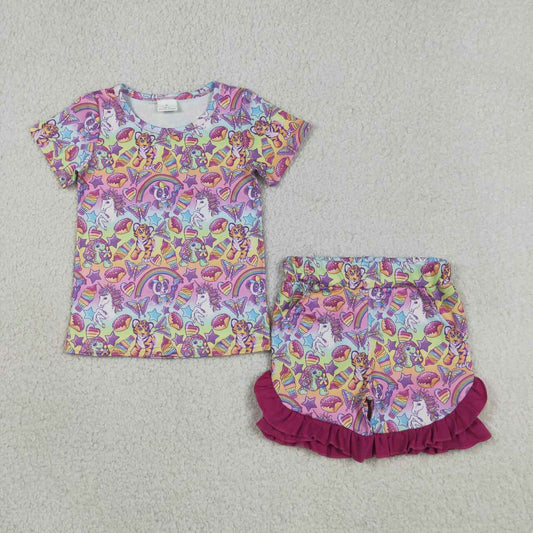 GSSO3472 Cartoon Animals Rainbow Lis* Top Pockets Shorts Girls Summer Clothes Set