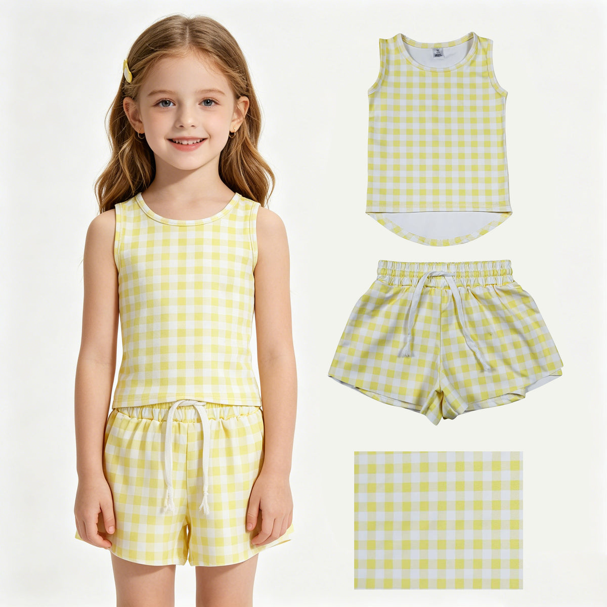 GSSO3475 Yellow Checked Vests Top Flutter Shorts Girls Summer Yoga Active Clothes Set