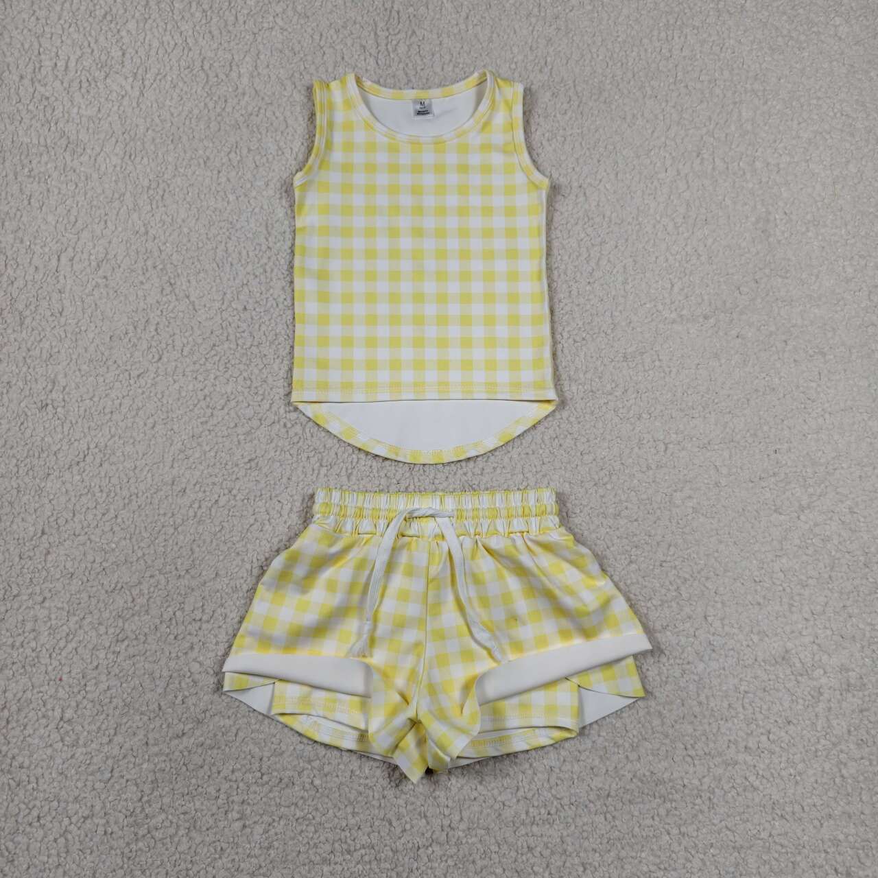 GSSO3475 Yellow Checked Vests Top Flutter Shorts Girls Summer Yoga Active Clothes Set