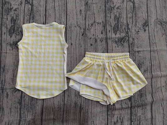 Baby Girls Yellow Checked Vests Top Short Yoga Active Clothes Set Preorder