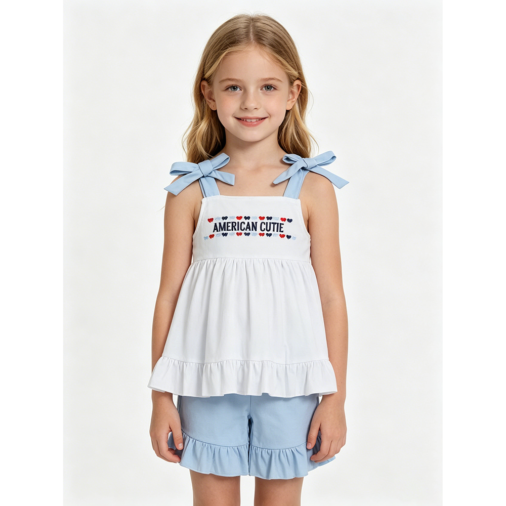 GSSO3480 American Cutie Embroidery White Strap Tunic Top Blue Ruffle Shorts Girls 4th of July Cotton Outfits
