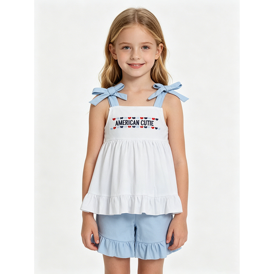 GSSO3480 American Cutie Embroidery White Strap Tunic Top Blue Ruffle Shorts Girls 4th of July Cotton Outfits