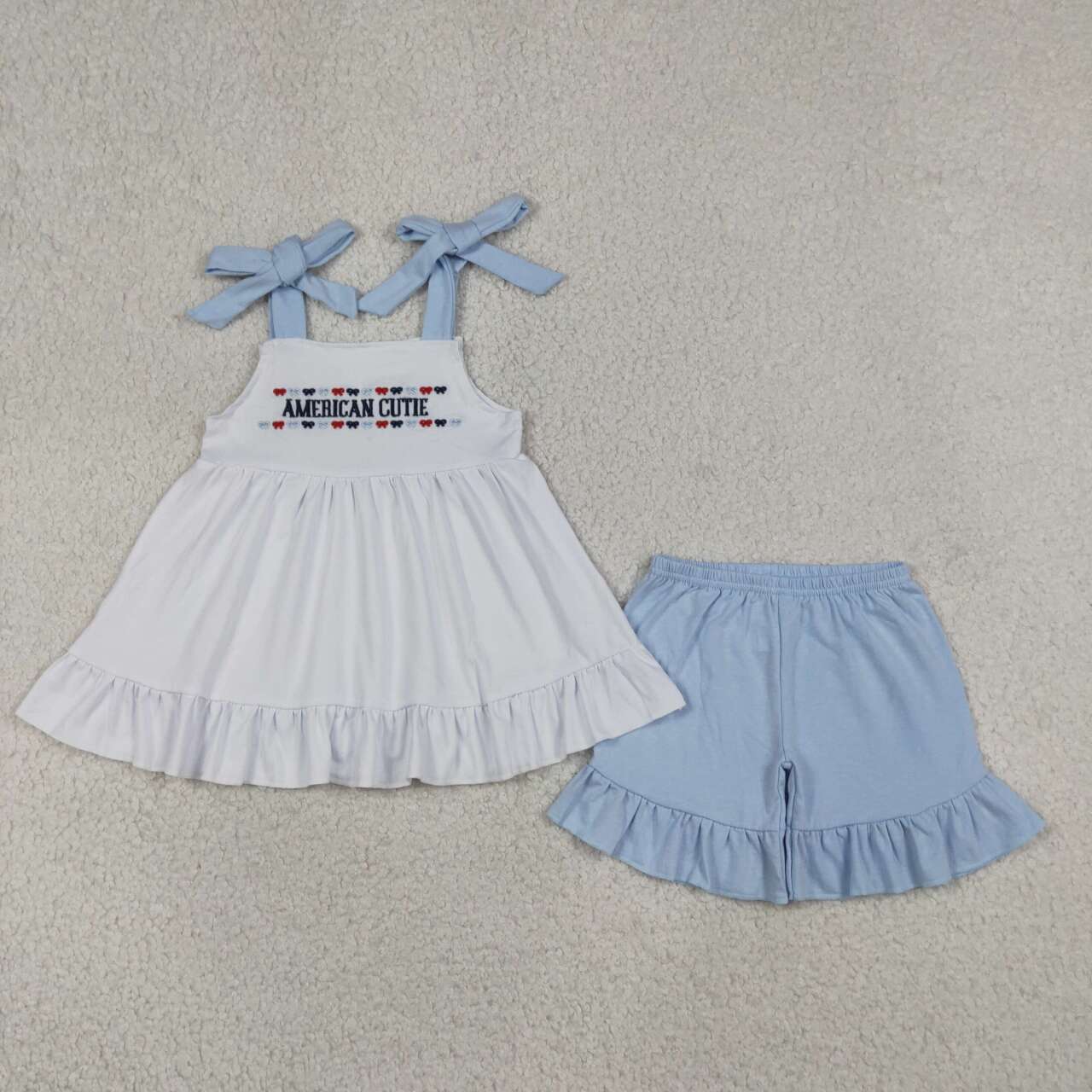 GSSO3480 American Cutie Embroidery White Strap Tunic Top Blue Ruffle Shorts Girls 4th of July Cotton Outfits