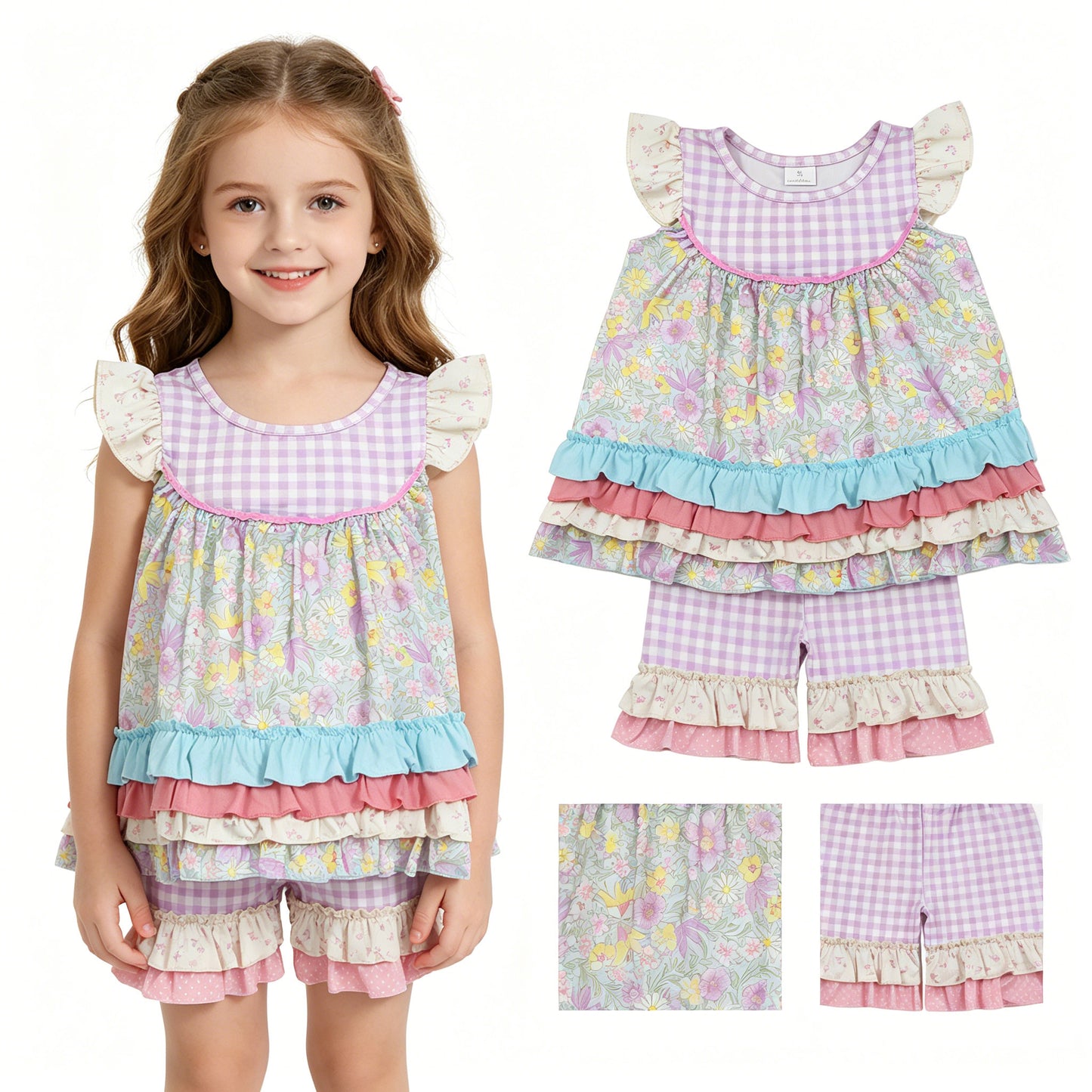 GSSO3485 Flowers Ruffle Tunic Top & Plaid Shorts Girls Summer Clothes Set