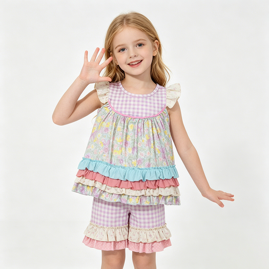 GSSO3485 Flowers Ruffle Tunic Top & Plaid Shorts Girls Summer Clothes Set