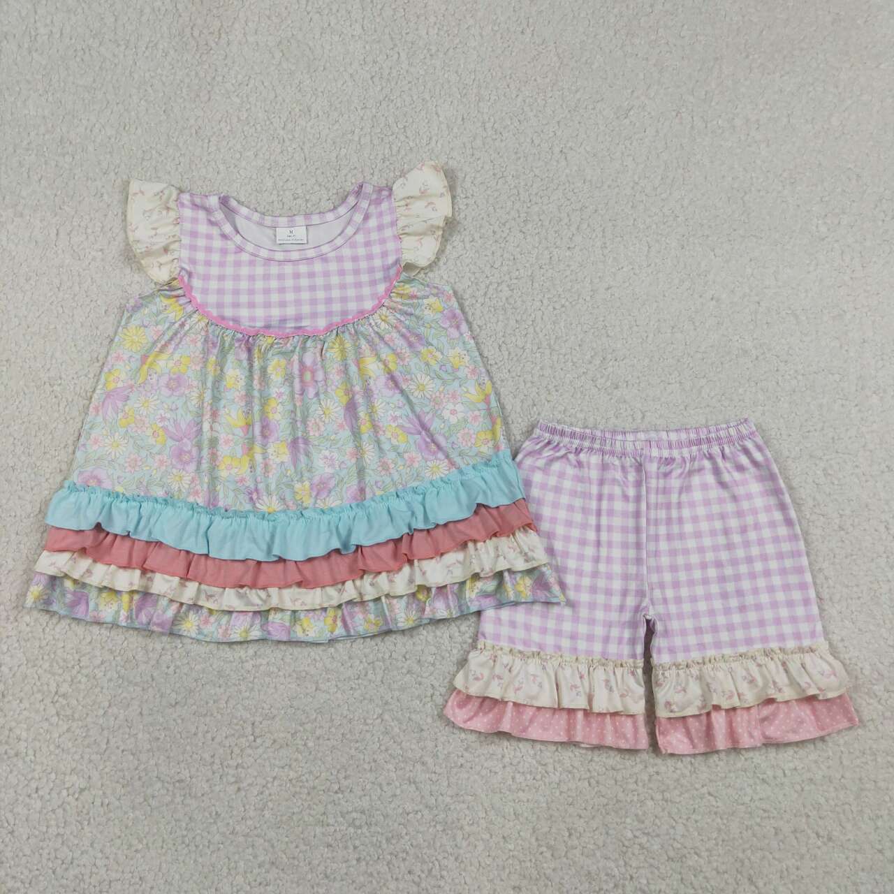 GSSO3485 Flowers Ruffle Tunic Top & Plaid Shorts Girls Summer Clothes Set