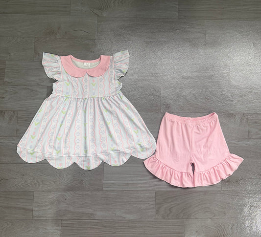 GSSO3490 Preorder Flowers Scallop Tunic Top Pink Shorts Girls Summer Clothes Set