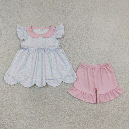 GSSO3490 Flowers Scallop Doll Collar Tunic Top Pink Shorts Girls Summer Clothes Set