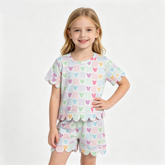 Colorful Mouse Plaid Top Pockets Shorts Girls Summer Scallop Clothes Set