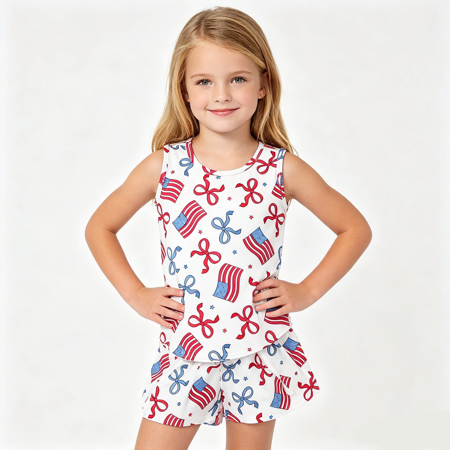 GSSO3520 Flag Bows Sleeveless Top Flutter Shorts Girls 4th of July Clothes Set