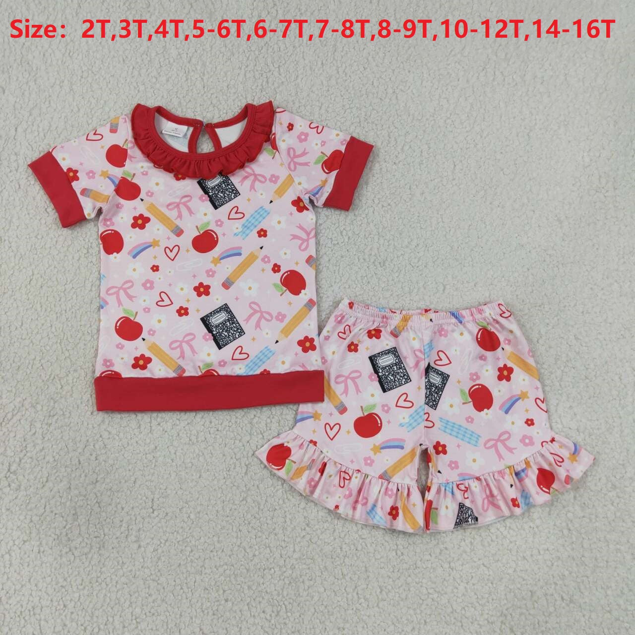 GSSO3525 Apple Pen Bows Ruffle Girls Back to School Clothes Set