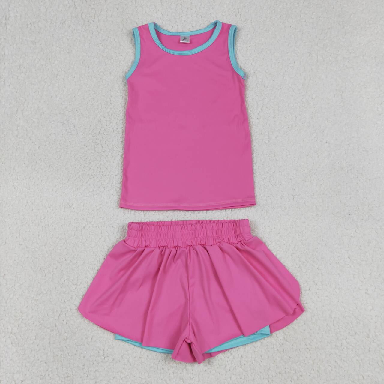GSSO3526 Hot Pink Vest Top Flutter Shorts Girls Summer Yoga Clothes Set
