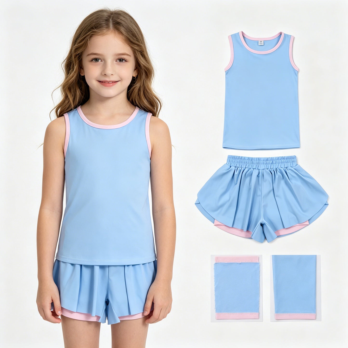 GSSO3527 Blue Vest Top Flutter Shorts Girls Summer Yoga Clothes Set