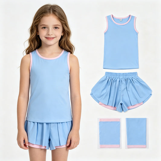 GSSO3527 Blue Vest Top Flutter Shorts Girls Summer Yoga Clothes Set