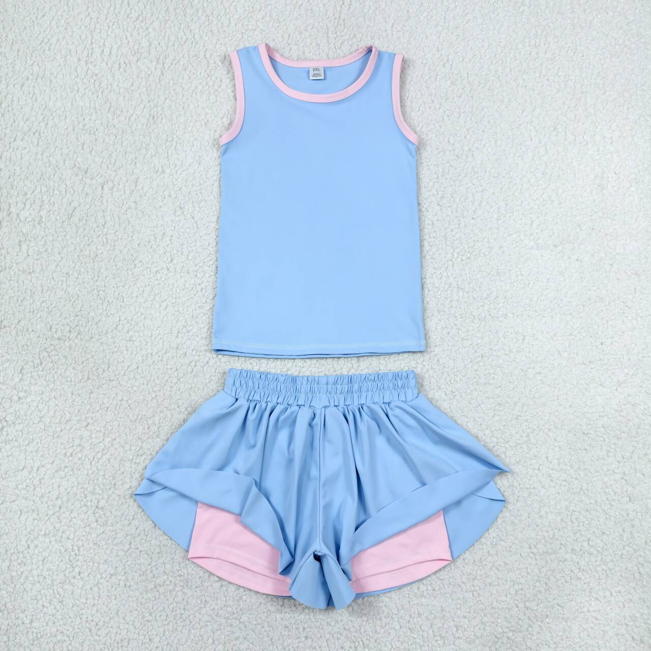 GSSO3527 Blue Vest Top Flutter Shorts Girls Summer Yoga Clothes Set