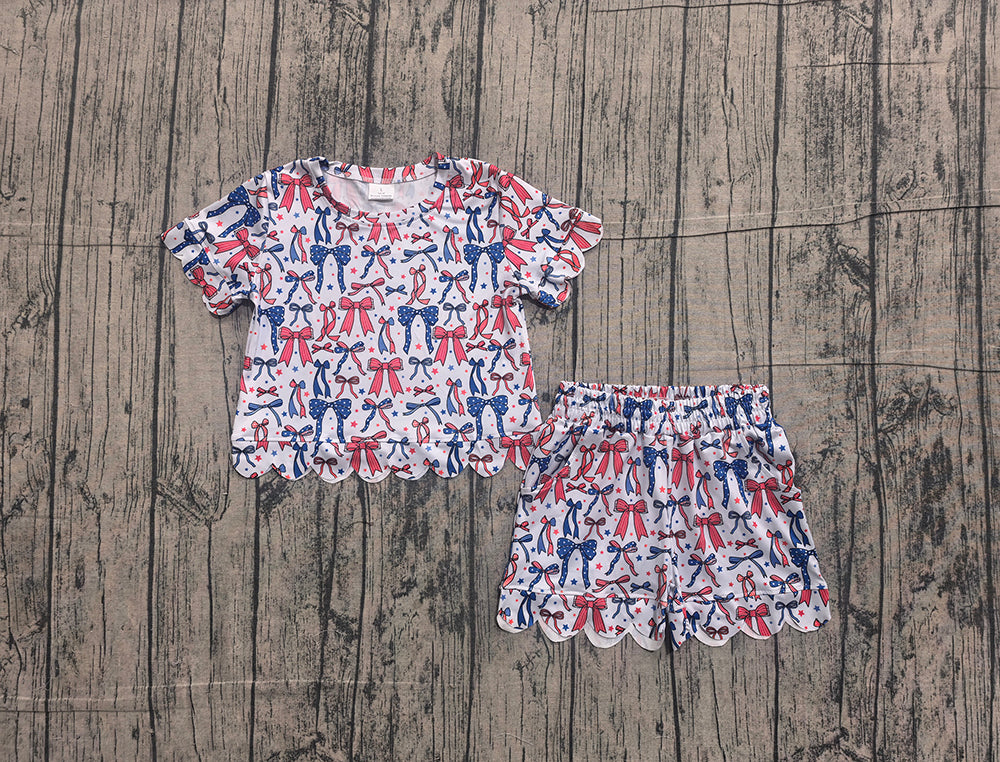 GSSO3548 Preorder Stars Bows Baby Girls 4th of July Scallop Clothes Set