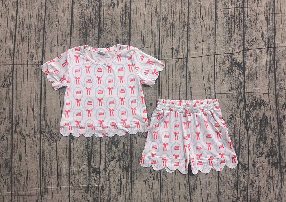 GSSO3552 Preorder Flag Bows Baby Girls 4th of July Scallop Clothes Set