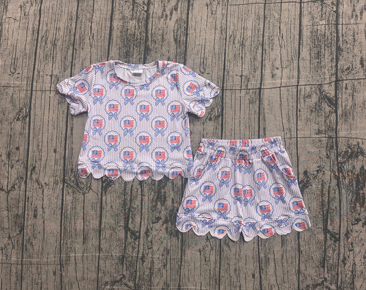 GSSO3555 Preorder Flag Bows Stripes Baby Girls 4th of July Scallop Clothes Set