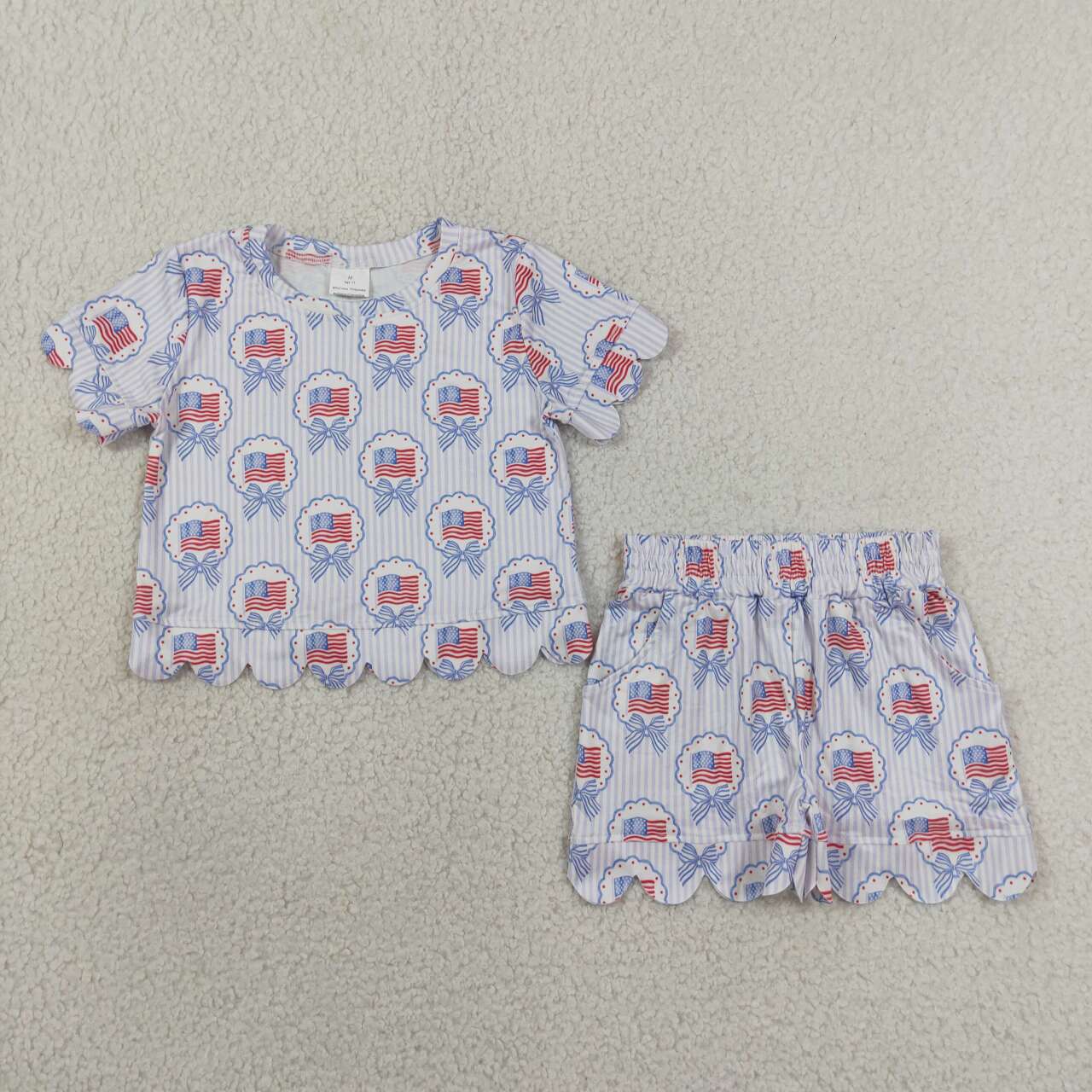 GSSO3555 Flag Bows Stripes Baby Girls 4th of July Scallop Clothes Set