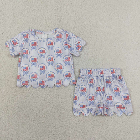 GSSO3555 Flag Bows Stripes Baby Girls 4th of July Scallop Clothes Set