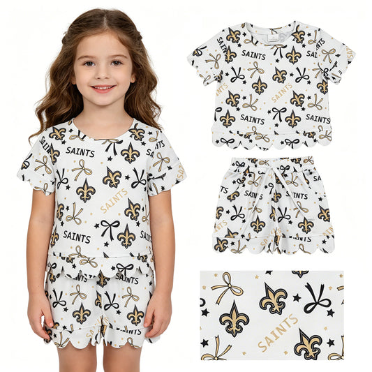 GSSO3561 Teams SAINTS Bows Print Girls Summer Scallop Clothes Set